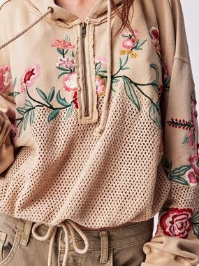 Free People Beige Embroidered Crochet-Hem Hoodie. NWOT